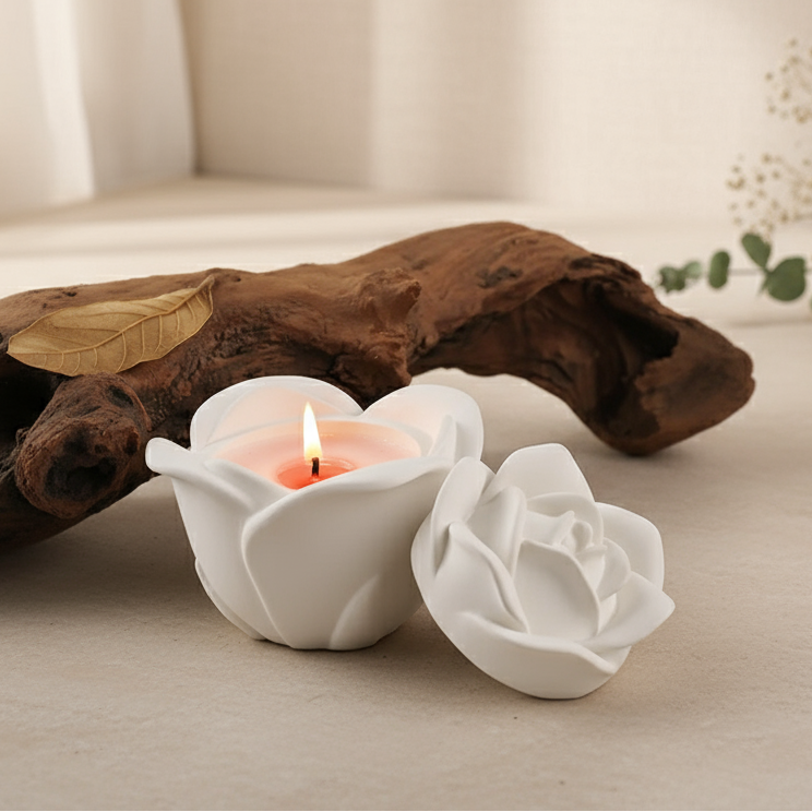 Pink rose-shaped candle holder with a lit candle on a dark surface