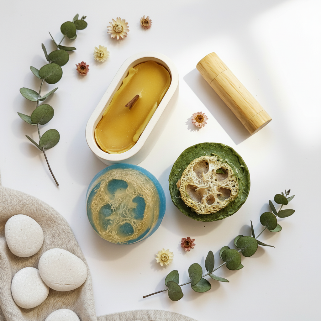 Candle, stones, and decorative elements on a light surface