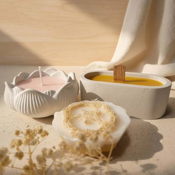 Ceramic dish with yellow liquid and wooden stick, shell-shaped container, and soap on a neutral background.